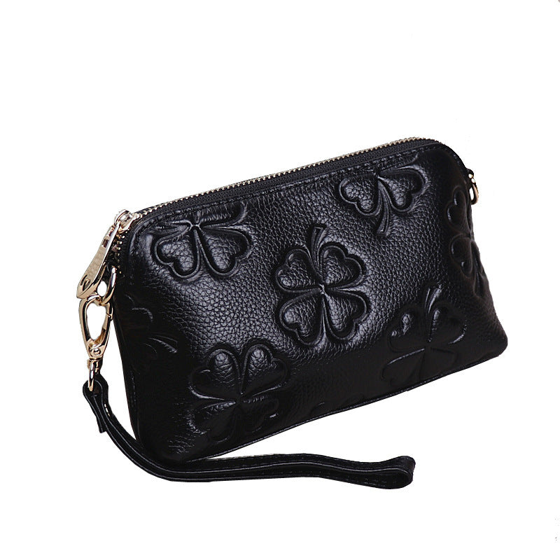 Women's Four-leaf Clutch First Layer Cowhide Embossed Bags
