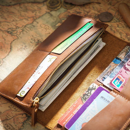 Men's Retro Crazy Horse Leather Long Genuine Business Men's Wallets