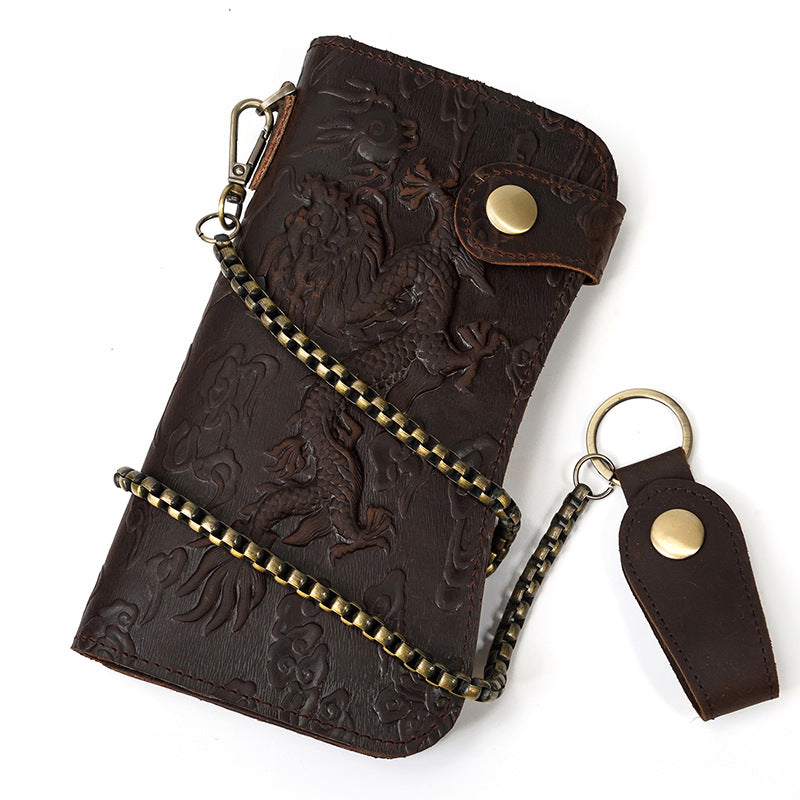 Men's Crazy Horse Long Iron Chain Clutch Purses