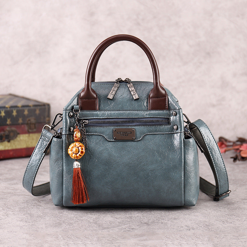 Women's Retro Fashion Oil Waxed Leather Contrast Handbags