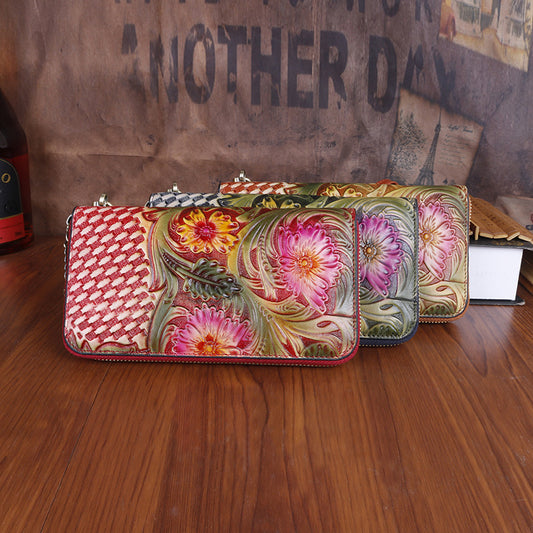 Women's First Layer Cowhide Handmade Leather Carving Ladies Wallets