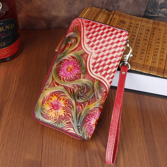 Women's Genuine Leather Vintage Carving Cowhide Multiple Ladies Wallets