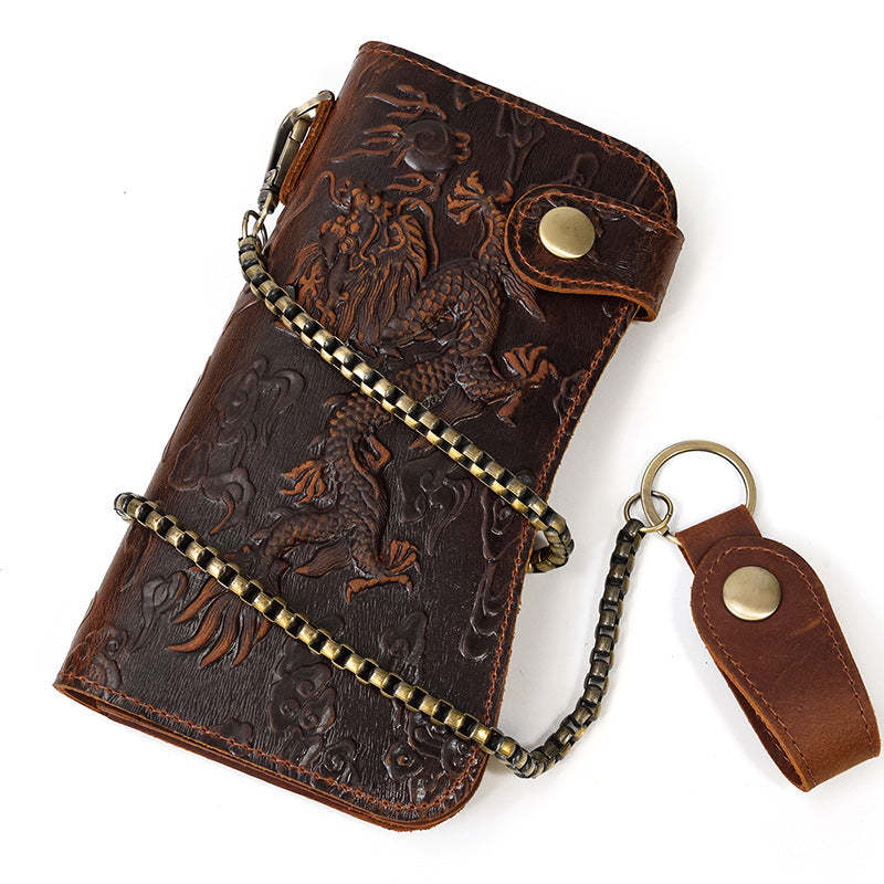Men's Crazy Horse Long Iron Chain Clutch Purses