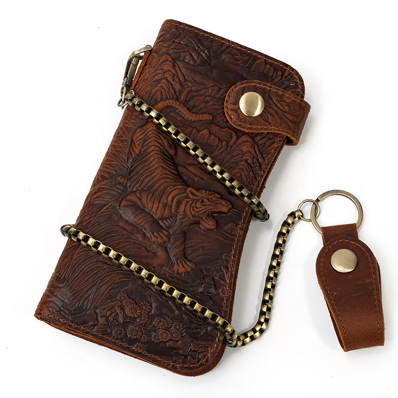 Men's Crazy Horse Long Iron Chain Clutch Purses