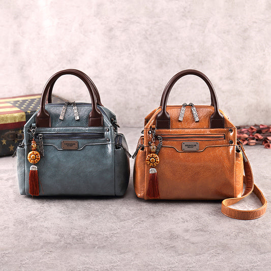 Women's Retro Fashion Oil Waxed Leather Contrast Handbags