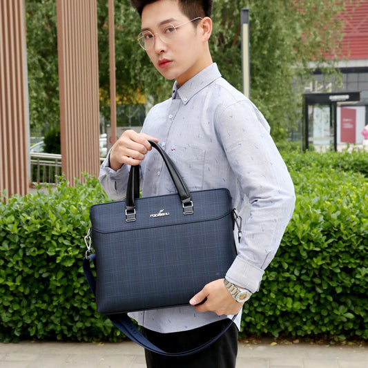 Men's Document Striped Leather Cowhide Large Capacity Shoulder Bags