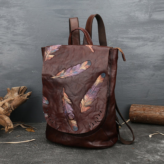 Women's Genuine Leather Retro Embossing First Layer Backpacks