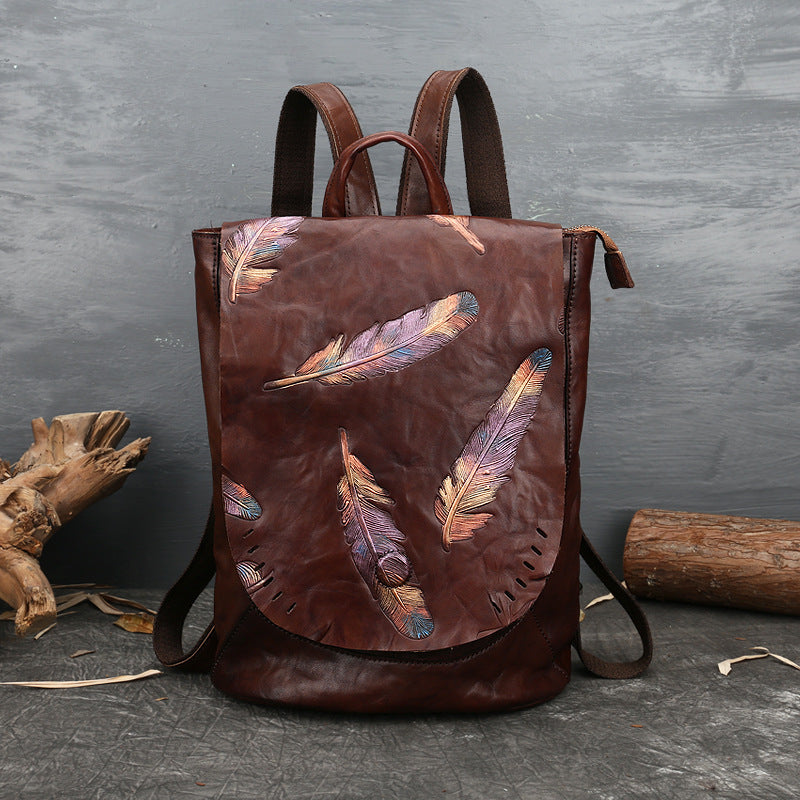 Women's Genuine Leather Retro Embossing First Layer Backpacks