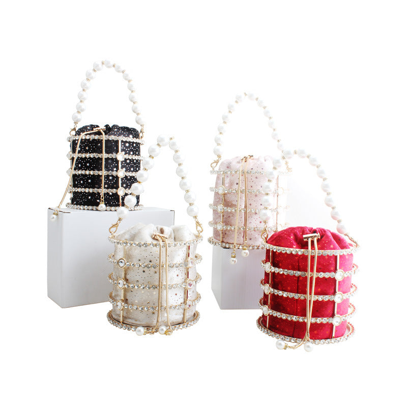 Women's Metal Hollow Diamond Veet Dinner Pearl Evening Bags
