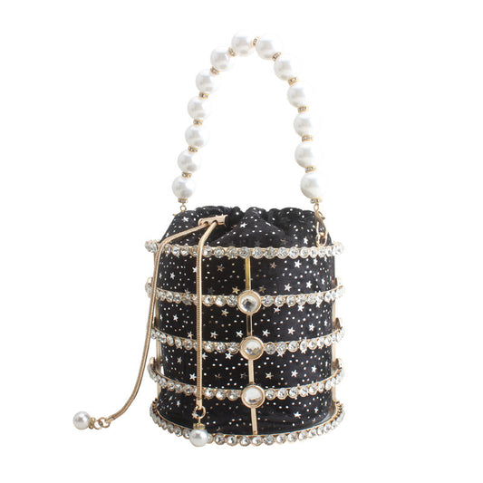 Women's Metal Hollow Diamond Veet Dinner Pearl Evening Bags