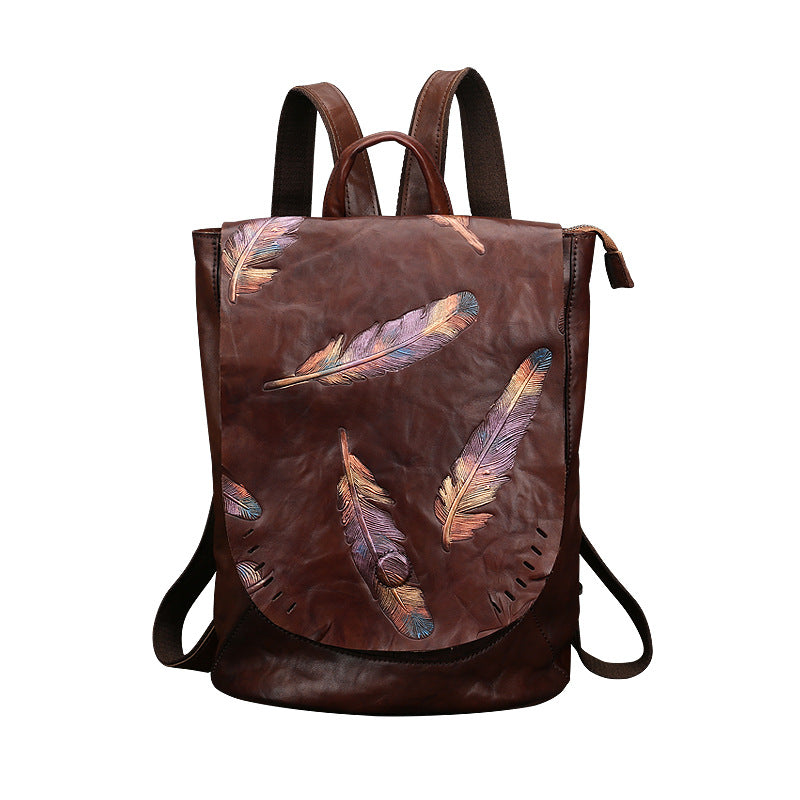 Women's Genuine Leather Retro Embossing First Layer Backpacks