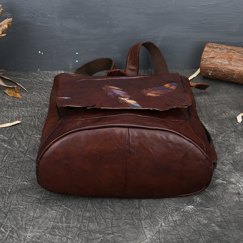 Women's Genuine Leather Retro Embossing First Layer Backpacks