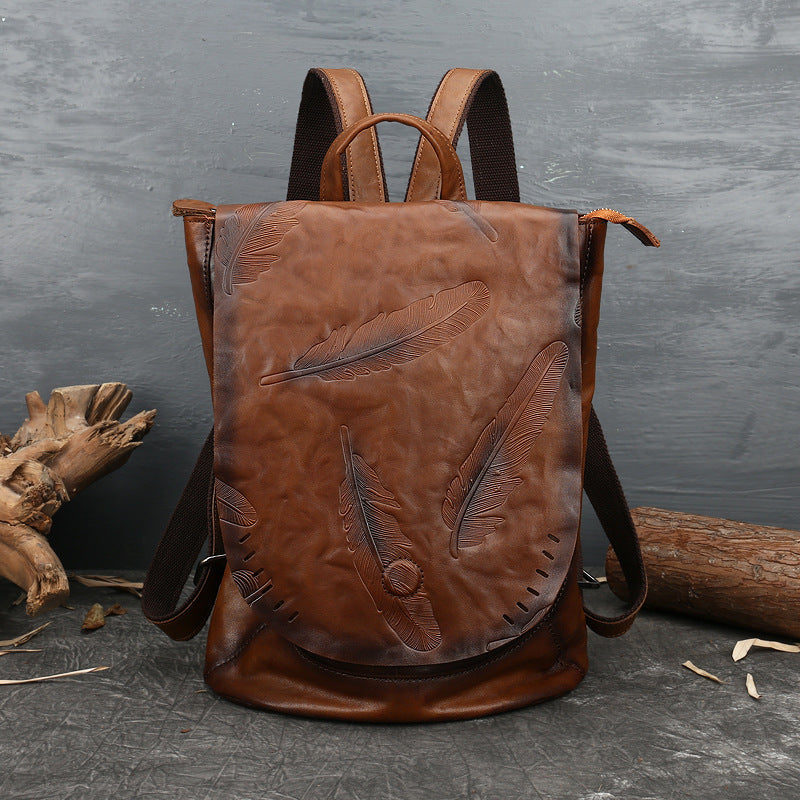 Women's Genuine Leather Retro Embossing First Layer Backpacks