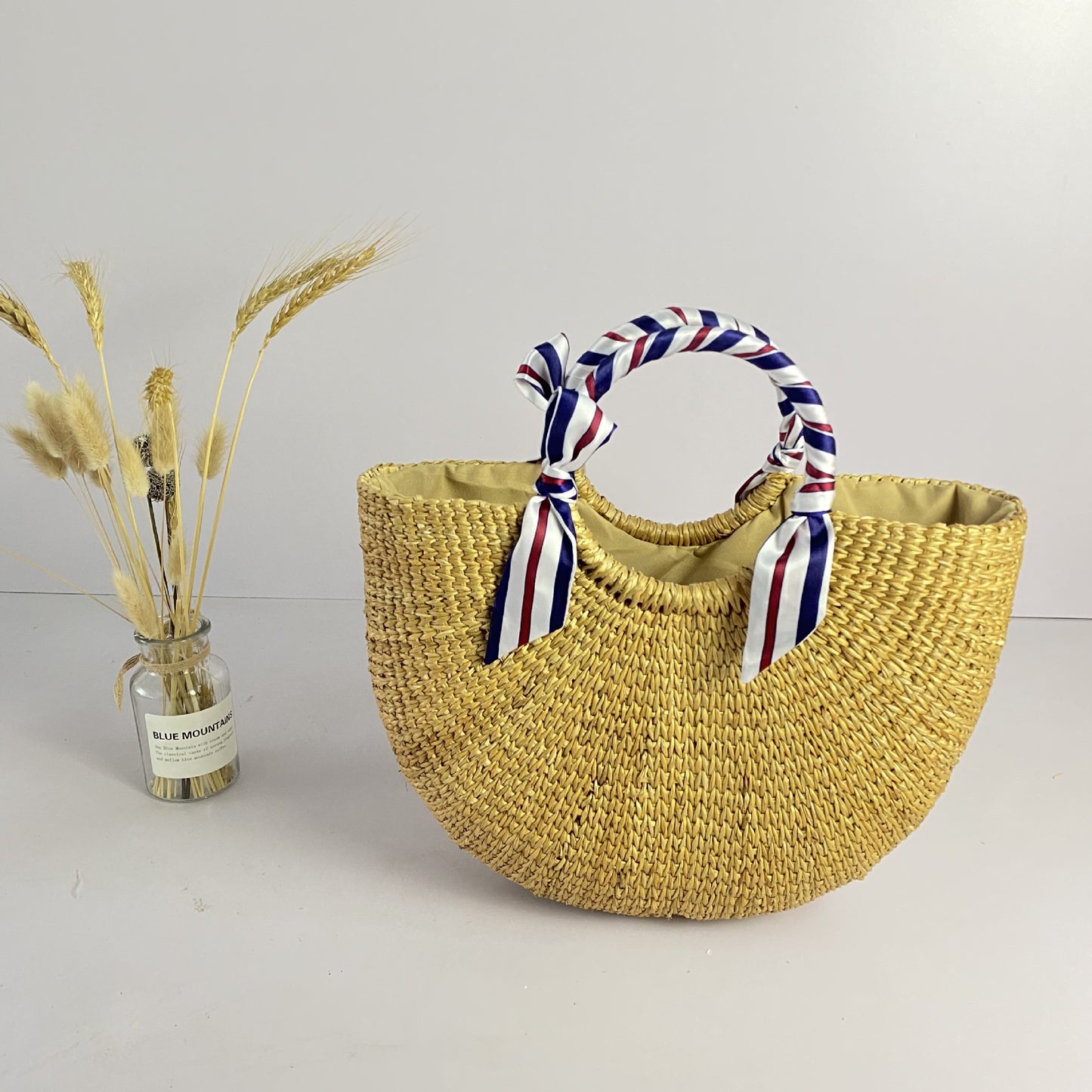 Yellow Straw Moon Hand Carrying Semicircle Seaside Handbags