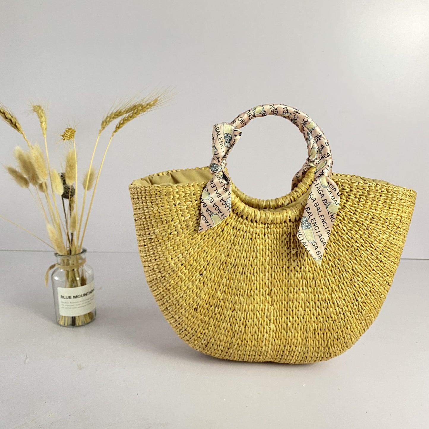Yellow Straw Moon Hand Carrying Semicircle Seaside Handbags