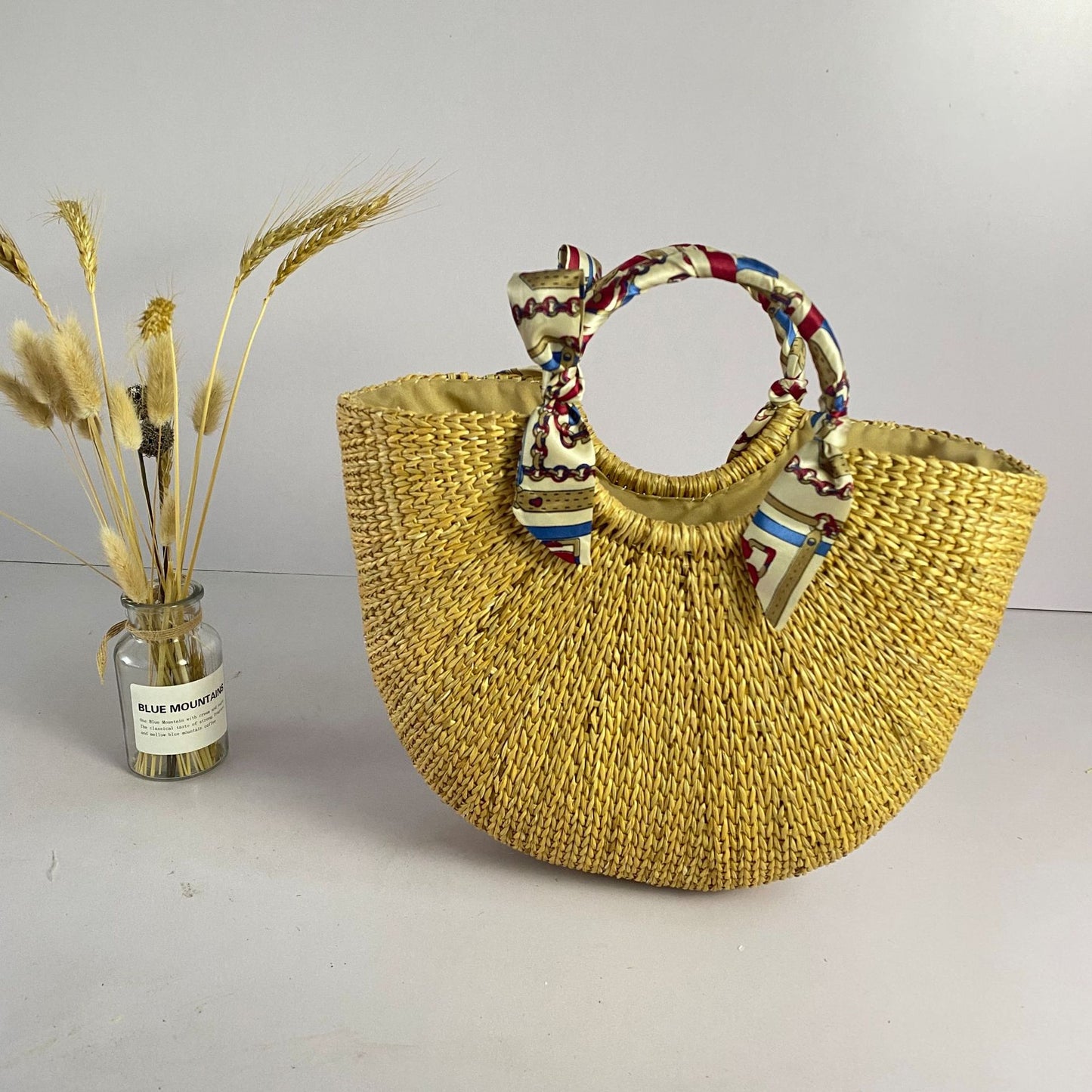 Yellow Straw Moon Hand Carrying Semicircle Seaside Handbags