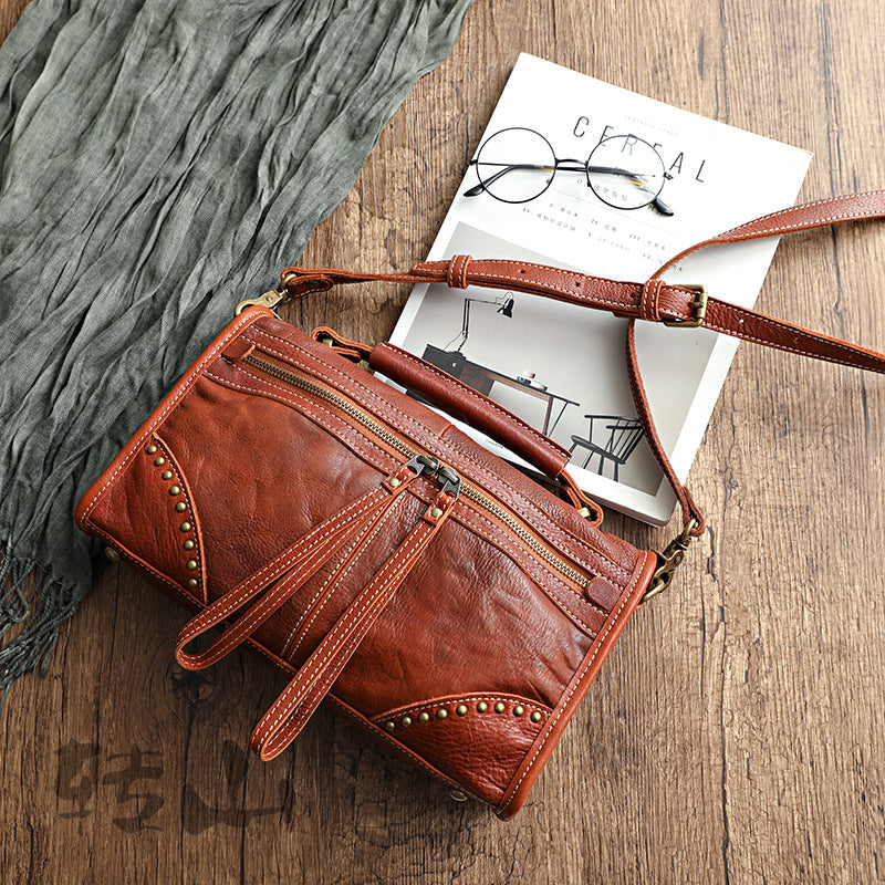 Women's Cow Leather Vintage Distressed Vegetable Tanned Crossbody Bags