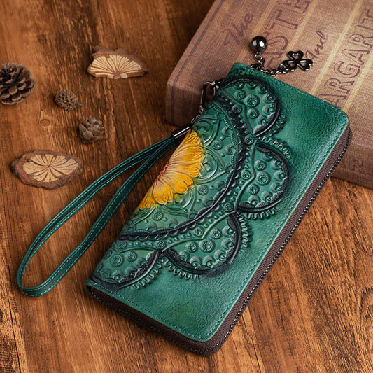 Women's Cowhide Live Broadcast Long Retro Genuine Leather Handmade Ladies Wallets