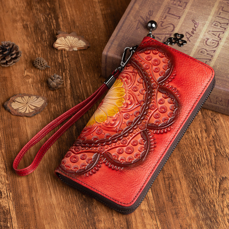 Women's Cowhide Live Broadcast Long Retro Genuine Leather Handmade Ladies Wallets