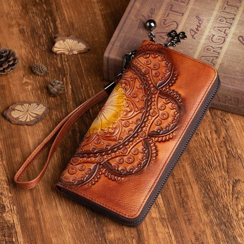 Women's Cowhide Live Broadcast Long Retro Genuine Leather Handmade Ladies Wallets