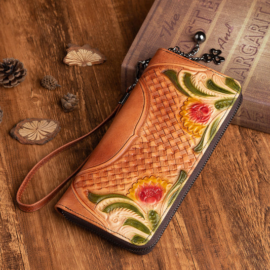 Women's Leather Mid-length Clutch Handmade Embossed Retro Ladies Wallets