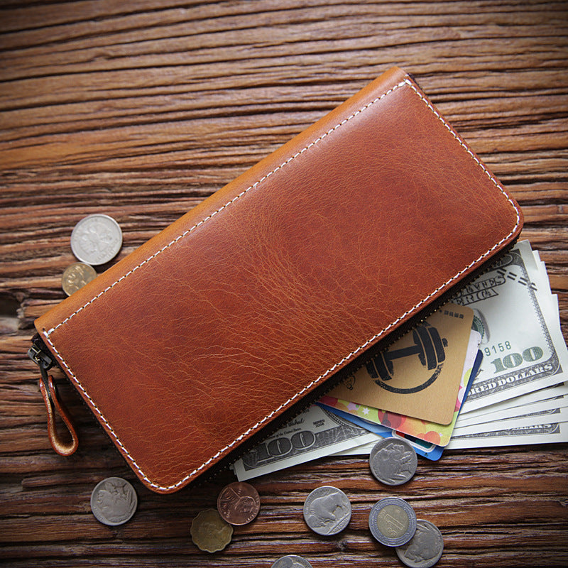 Women's & Men's Handmade Retro Long Genuine Leather Zipper First Layer Men's Wallets
