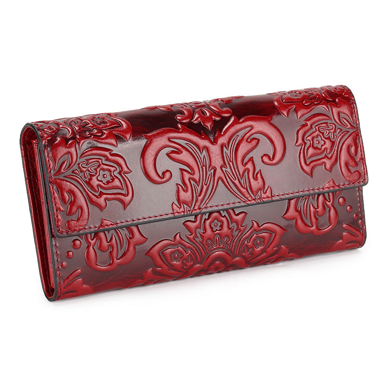 Women's Style Embossed Three Fold Long Inside Outside Full Leather Handbags