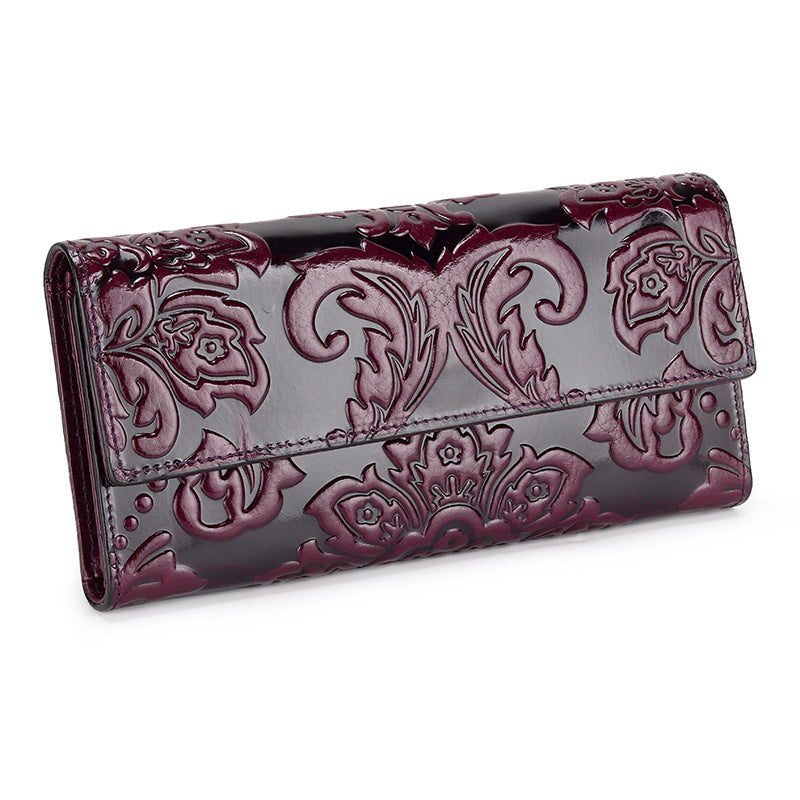 Women's Style Embossed Three Fold Long Inside Outside Full Leather Handbags