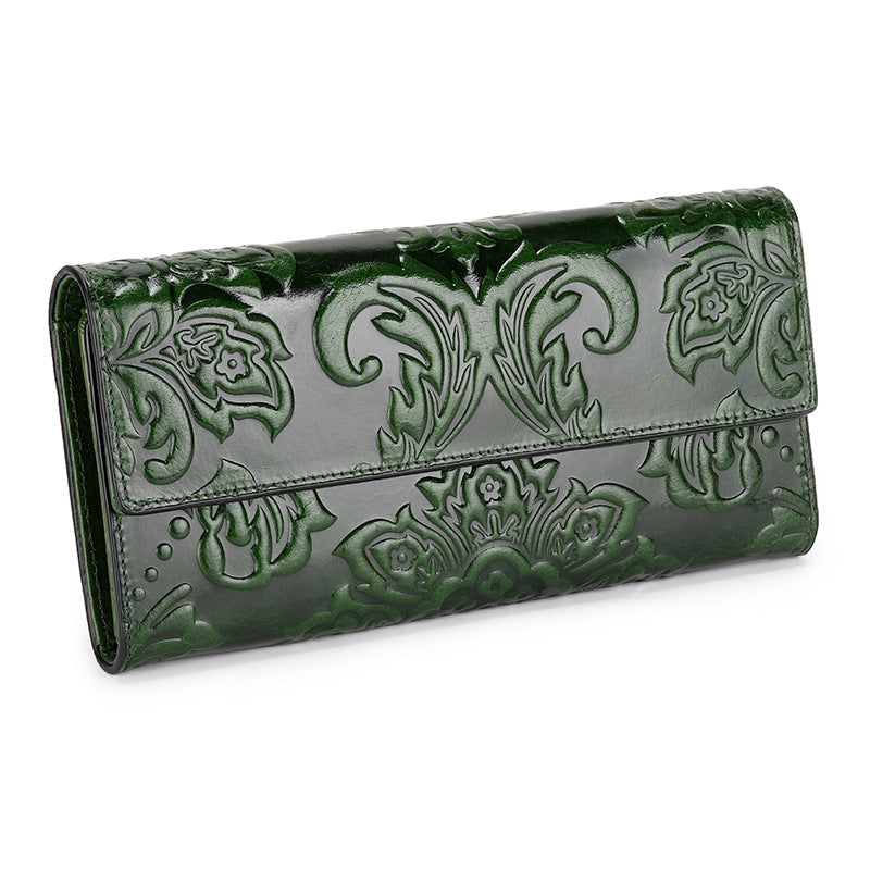 Women's Style Embossed Three Fold Long Inside Outside Full Leather Handbags