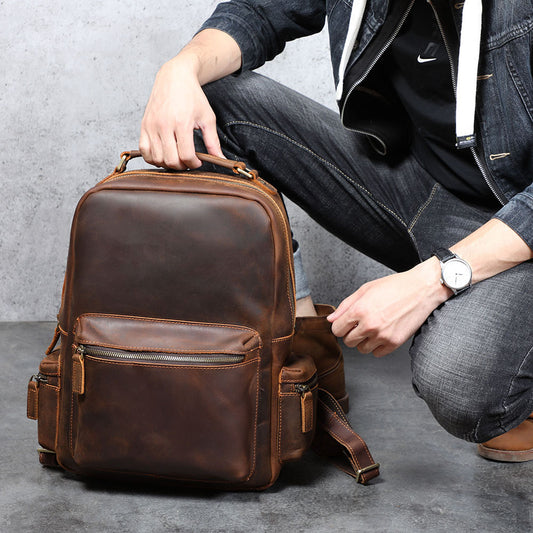 Men's Retro Crazy Horse Leather Handmade Large Backpacks