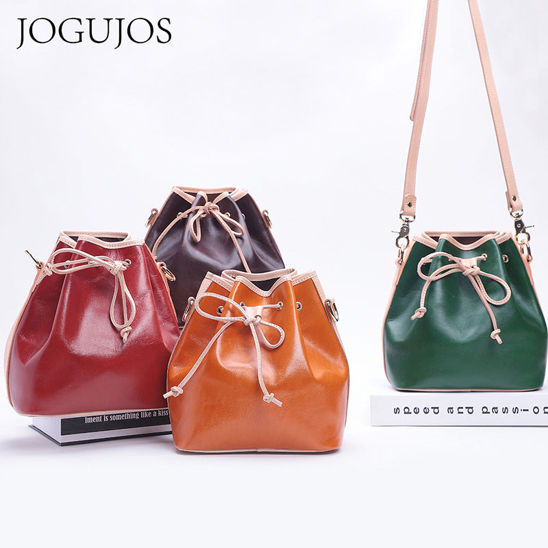 Women's Leather Drawstring Portable For Woman Retro Shoulder Bags