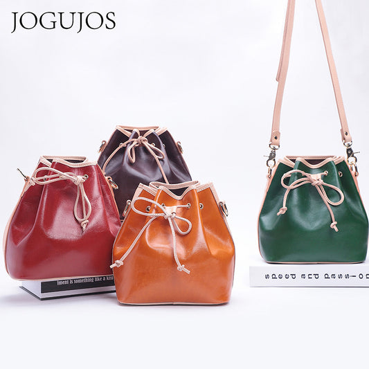 Women's Leather Drawstring Portable For Woman Retro Shoulder Bags