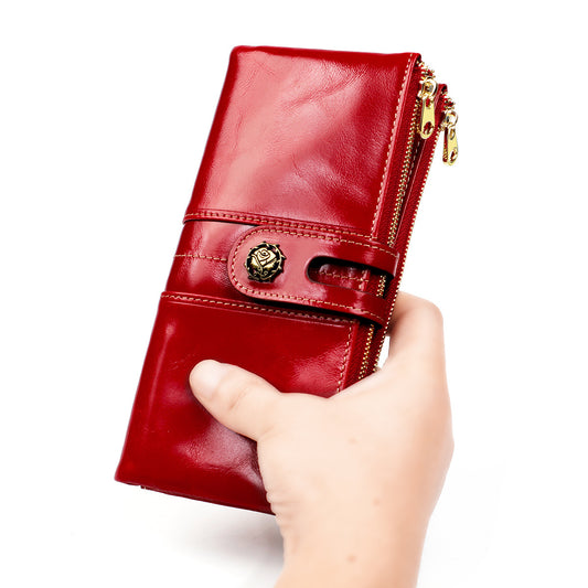 Women's Oil Wax Leather Korean Fashion Mobile Clutch Ladies Wallets