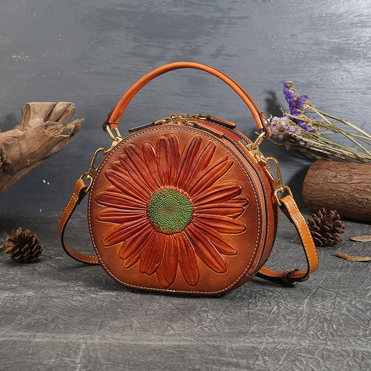 Women's Niche Genuine Leather Retro National Style Round Shoulder Bags