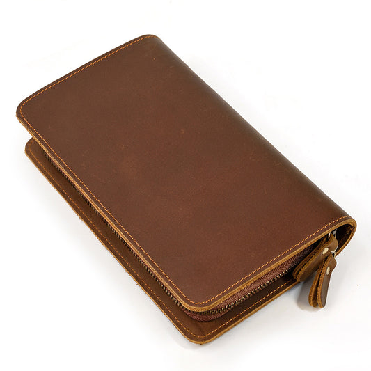 Men's Vintage Crazy Horse Leather Double Layer Zipper Multiple Men's Wallets