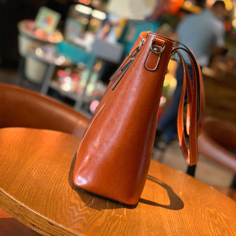 Women's Korean Style Genuine Leather Oil Wax Shoulder Bags