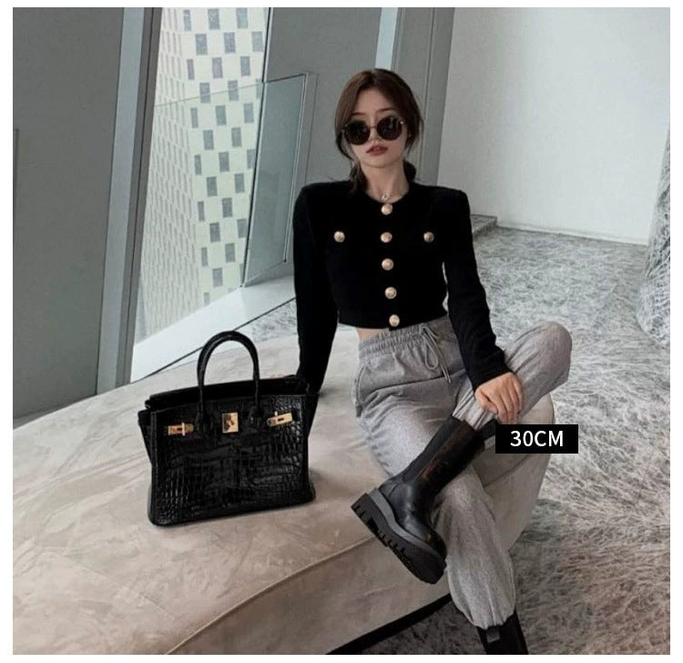 Women's Crocodile Pattern Fashion Cowhide Portable Leather Shoulder Bags