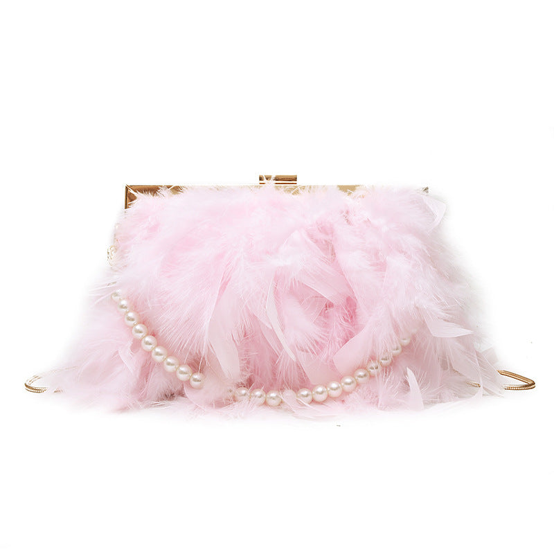 Women's Style Turkey Feather Ostrich Clipped Button Pearl Crossbody Bags
