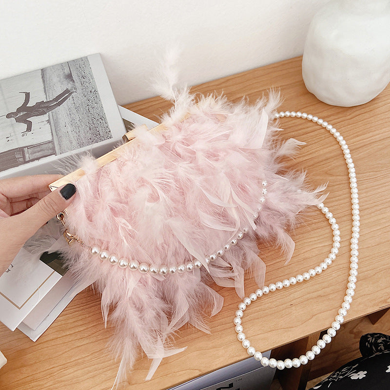 Women's Style Turkey Feather Ostrich Clipped Button Pearl Crossbody Bags