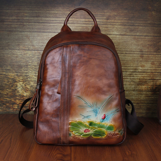 Women's Live Retro Leather Embossing Hand-rub Color Backpacks