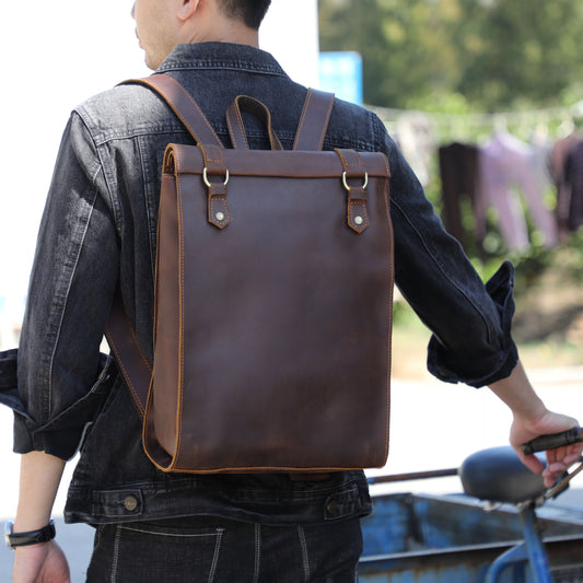 Men's Minimalist Crazy Horse Leather Personality Cowhide Backpacks