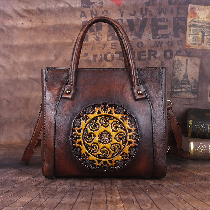 Women's Layer Cowhide Retro Craft Embossed Hand-rub Bags
