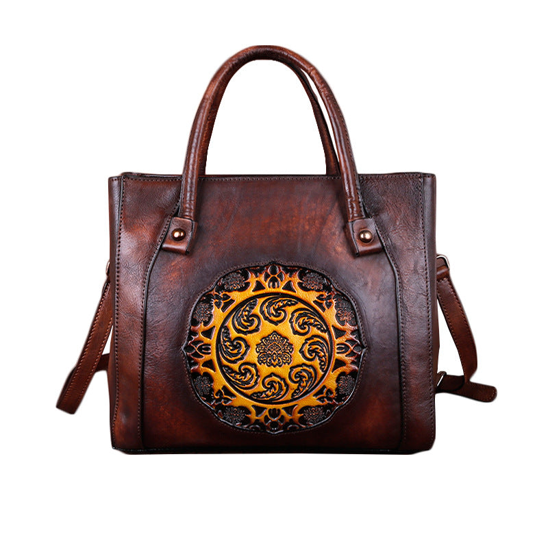 Women's Layer Cowhide Retro Craft Embossed Hand-rub Bags