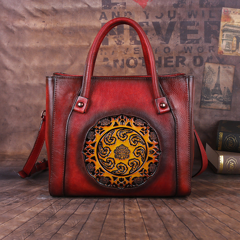 Women's Layer Cowhide Retro Craft Embossed Hand-rub Bags