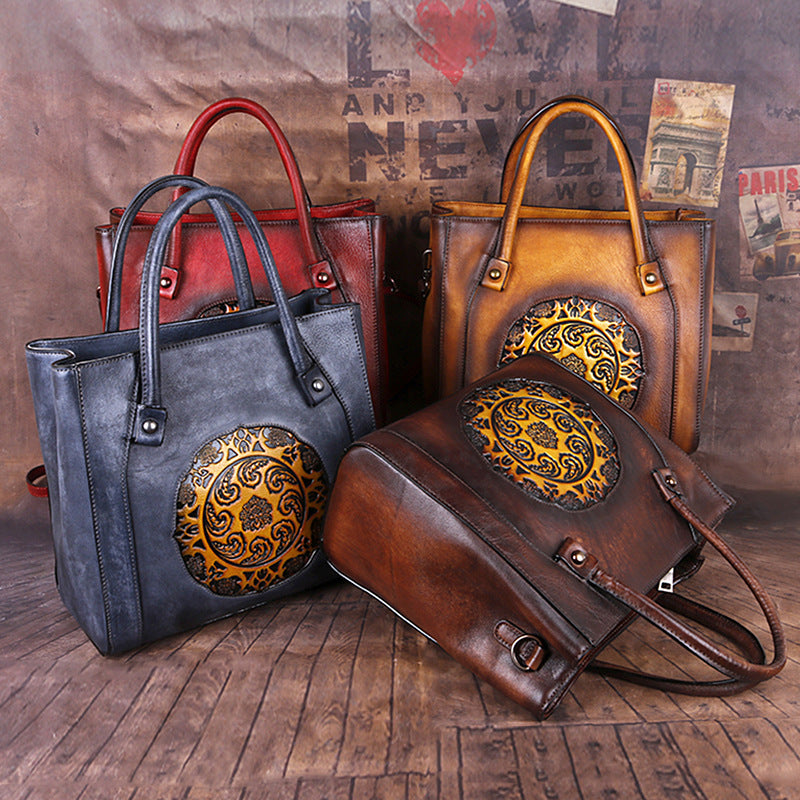 Women's Layer Cowhide Retro Craft Embossed Hand-rub Bags