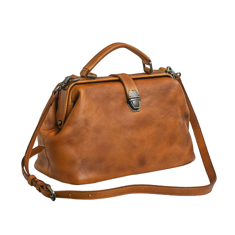 Women's Handmade Pure Leather Artistic Retro Golden Mouth Doctor Handbags