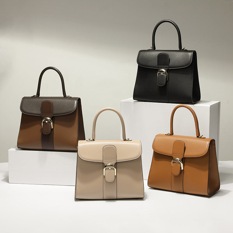 Women's Color Matching Leather Vachette Clasp Horizontal Small Square Bags