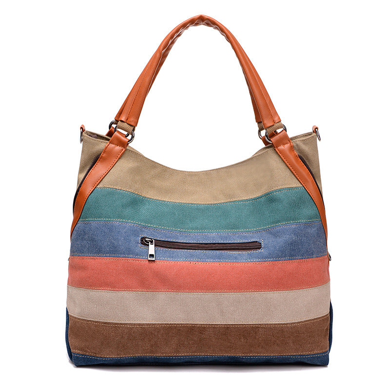 Women's Style Preppy Canvas Contrast Color Striped Fashion Retro Shoulder Bags