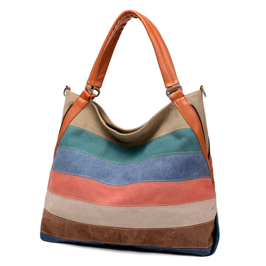 Women's Style Preppy Canvas Contrast Color Striped Fashion Retro Shoulder Bags