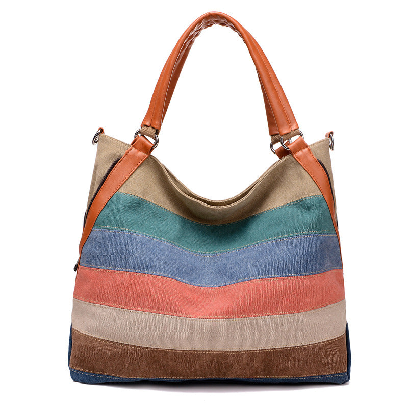 Women's Style Preppy Canvas Contrast Color Striped Fashion Retro Shoulder Bags